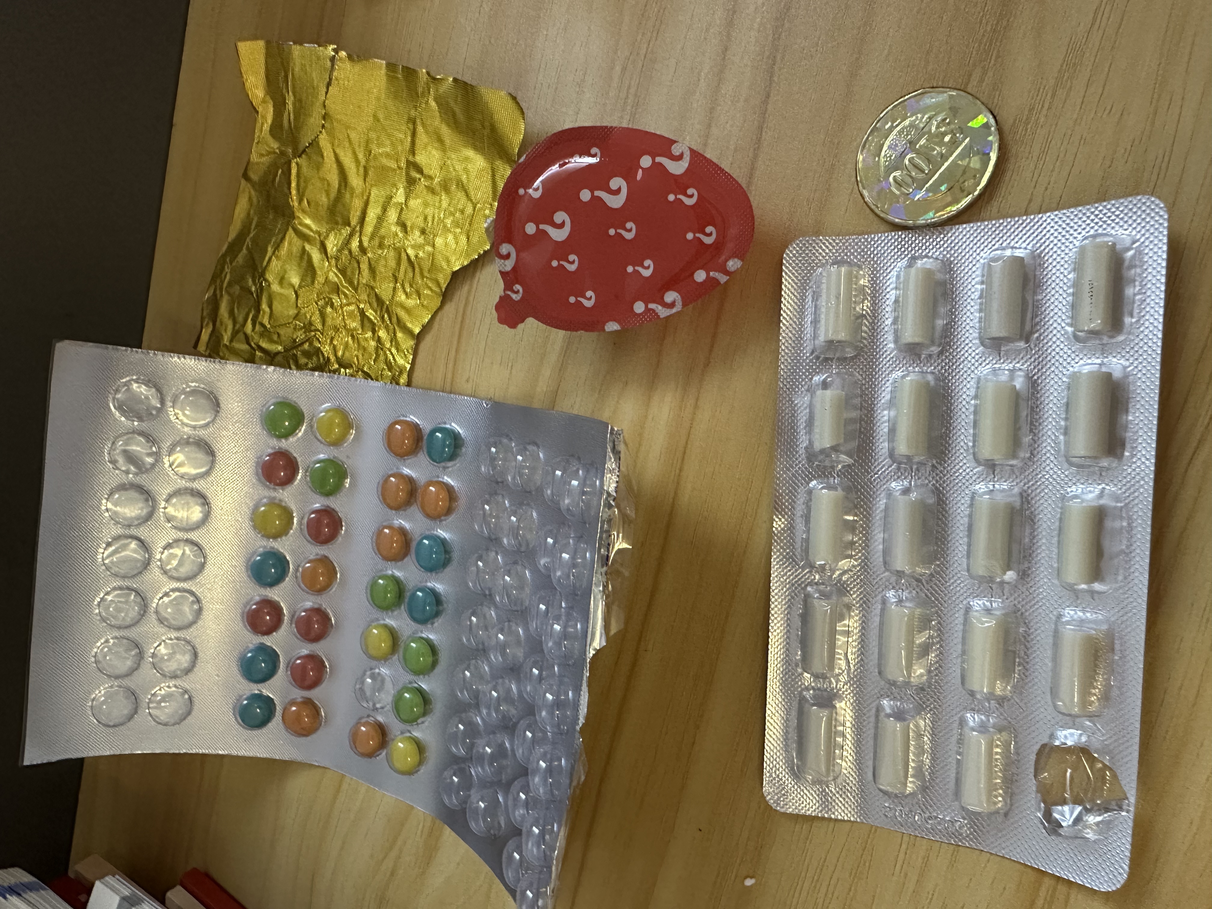 Original factory photo of blister samples, colored materials, foil and rollstock